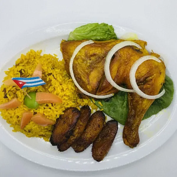 Pollo asado with yellow rice and maduros